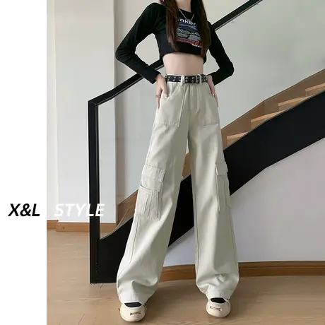 米白工装休闲裤女秋装2023年新款高腰设计感宽松显瘦牛仔阔腿裤子商品大图