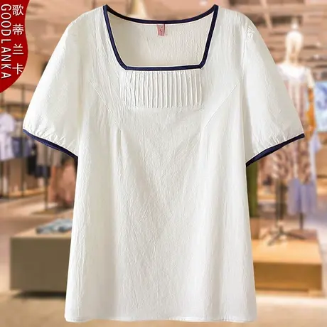 中年妈妈夏装纯棉衬衣大码宽松遮肚洋气时尚褶皱方领短袖T恤上衣商品大图
