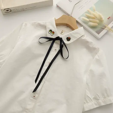 夏季学院风文艺刺绣纯棉短袖衬衫女学生宽松百搭系带可爱减龄上衣商品大图