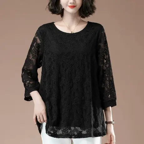 中老年妈妈装七分袖蕾丝衫女打底衫春秋季加肥加大码宽松显瘦上衣图片