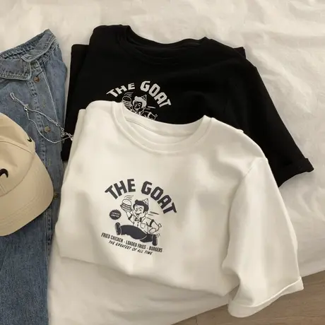 白色短袖t恤女ins潮夏季2024年新款半袖体恤宽松显瘦印花洋气上衣图片