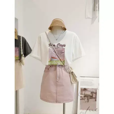 韩系百搭2023春装油画印花设计感精致百搭短袖常规T恤圆领上衣女商品大图