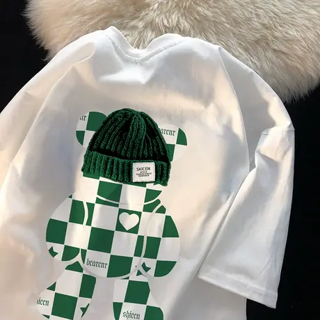 白色小熊t恤女纯棉大码胖mm显瘦oversize短袖ins洋气港味小众上衣图片