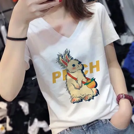 短袖t恤女夏2023新款v领设计感ins宽松显瘦大码胖mm遮肚上衣藏肉图片