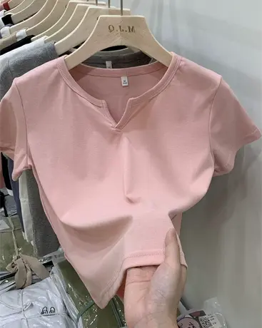 V领设计感小众独特别致甜辣上衣女2024年夏季新款纯欲短袖t恤短款商品大图