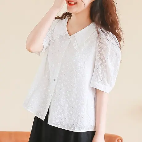 胖妹妹2025夏新品棉质满幅绣短袖衬衫大码花边翻领泡泡袖衬衣图片