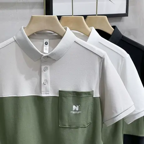 polo衫短袖男夏季翻领体恤潮牌日系撞色口袋夏天半袖条纹男士t恤图片