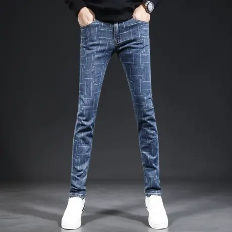 高端男士牛仔裤修身小脚2023新款秋季印花潮牌弹力牛仔裤男青年商品大图