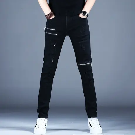纯黑色机车牛仔裤男款秋冬拉链破洞2023新款休闲男裤修身小脚裤子图片