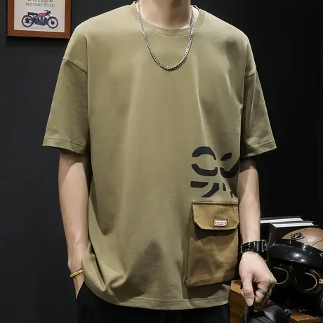 口袋短袖t恤男纯棉夏季宽松ins潮牌男士体恤胖子大码半袖重磅印花商品大图