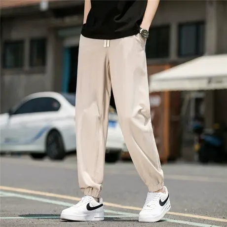 棉麻裤子男夏季薄款九分休闲裤男生纯棉宽松运动裤卡其色束脚卫裤商品大图