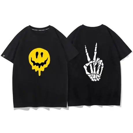 秀洛融化笑脸印花男女t恤上衣短袖宽松半袖纯棉手骨骷髅潮流衣服商品大图