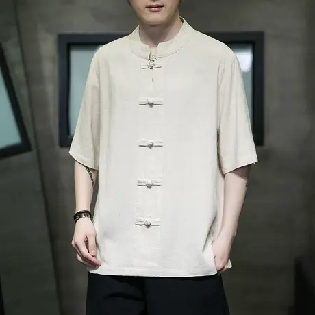 夏季男短袖衬衫纯色中国风棉麻盘扣复古加肥加大码男装民族风衣服商品大图