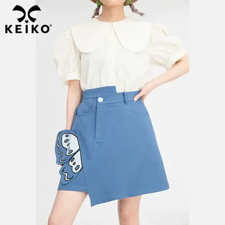 keiko设计感蝴蝶造型a字半身裙蓝色2022夏季新款挺廓斜纹棉料短裙商品大图