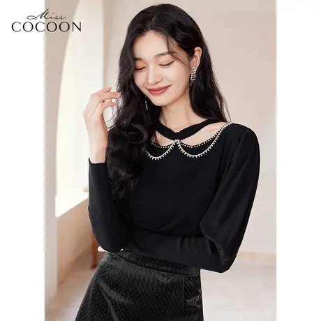 missCOCOON黑色毛针织衫女2023新款春季钉珠镂空设计显瘦时尚上衣商品大图