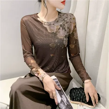 欧货网纱印花打底衫长袖圆领时尚气质减龄内塔T恤修身显瘦上衣ins图片
