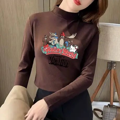 加绒加厚圆领长袖T恤女秋冬磨毛德绒打底衫修身显瘦洋气内搭上衣商品大图