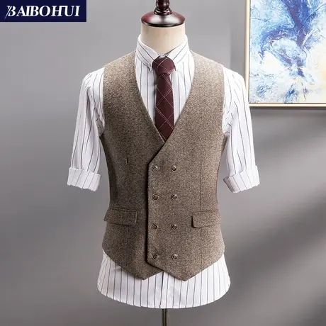 秋季新款日系复古双排扣西装马甲男韩版修身潮流马夹男士背心坎肩商品大图