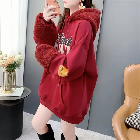 设计感羊羔帽拼接加绒加厚连帽卫衣女秋冬韩版宽松慵懒风减龄外套商品大图