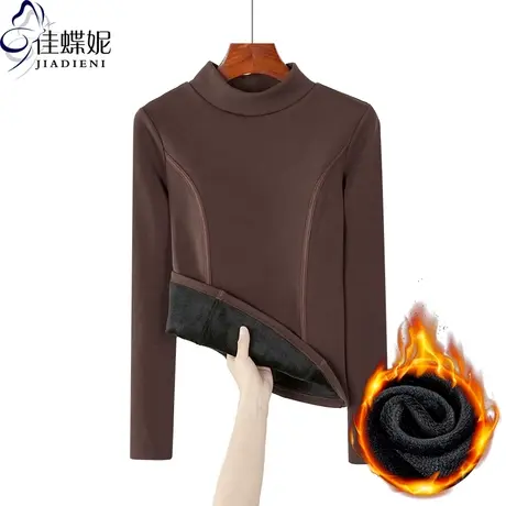 冬季新款半高领修身显瘦压线拼接加绒加厚保暖长袖体恤上衣女打底商品大图