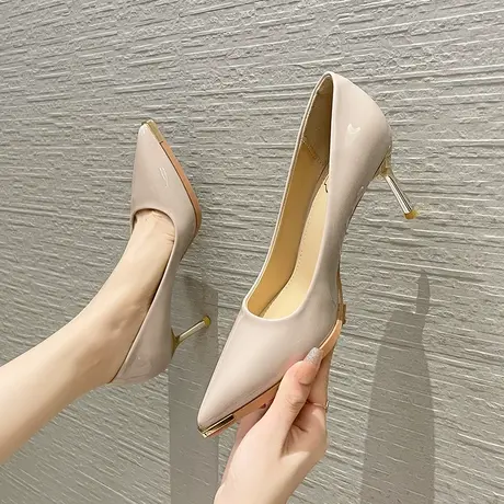 漆皮高跟鞋女2024新款春秋防踢金属尖头细跟工作鞋高级感气质单鞋图片