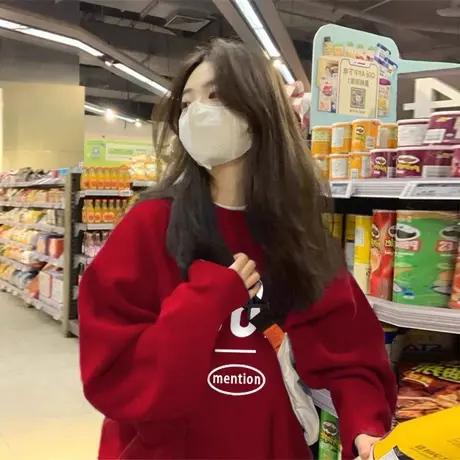 国潮中国红宽松圆领卫衣女2024新款欧货大版秋冬加绒加厚上衣潮商品大图