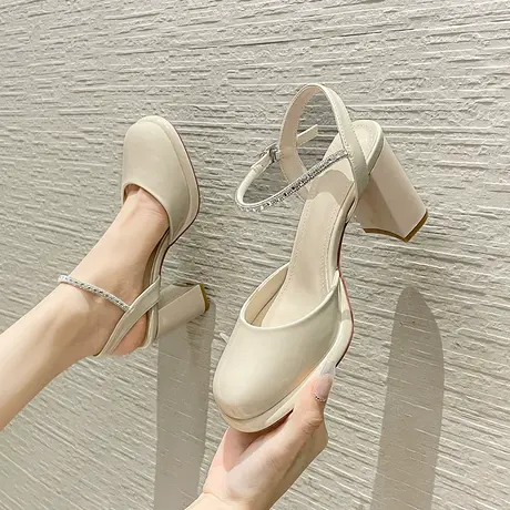 玛丽珍女鞋2024年新款一字带后空粗跟高跟鞋复古方头晚风温柔单鞋图片