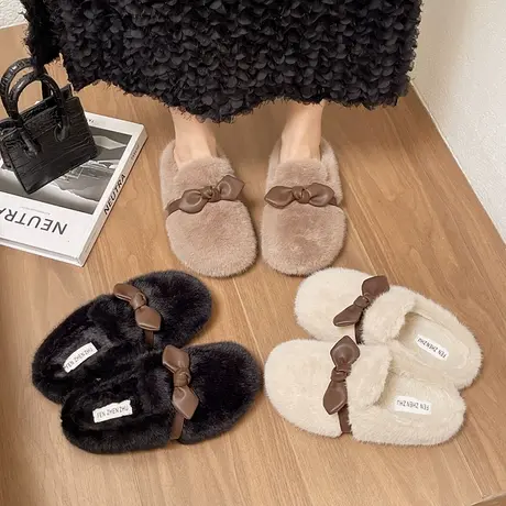 网红复古毛毛鞋女2023秋冬新款一脚蹬软底棉瓢鞋加绒平底包头拖鞋商品大图