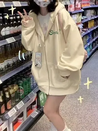 oversize卫衣女秋冬季小个子韩系慵懒风连帽加绒加厚开衫拉链外套商品大图