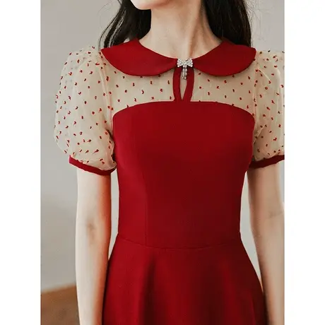 敬酒服新娘夏季酒红色结婚订婚礼服连衣裙女小个子法式回门便装图片