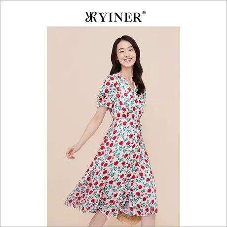 [度假风]YINER音儿线上专选女装2023夏季玫瑰印花收腰连衣裙商品大图