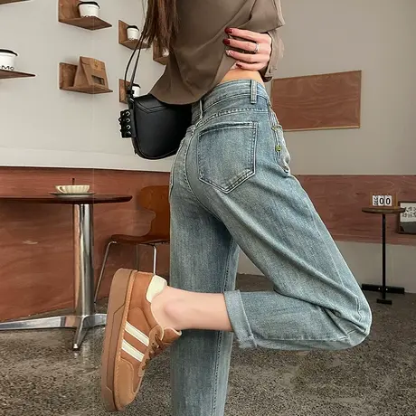 复古九分直筒牛仔裤女2024春秋新款高腰阔腿窄版显瘦休闲烟管裤子商品大图