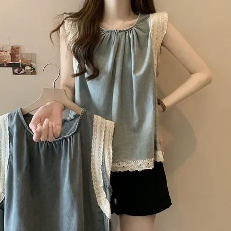 蕾丝拼接牛仔衬衫女夏季百搭宽松显瘦设计感小众别致无袖上衣潮图片