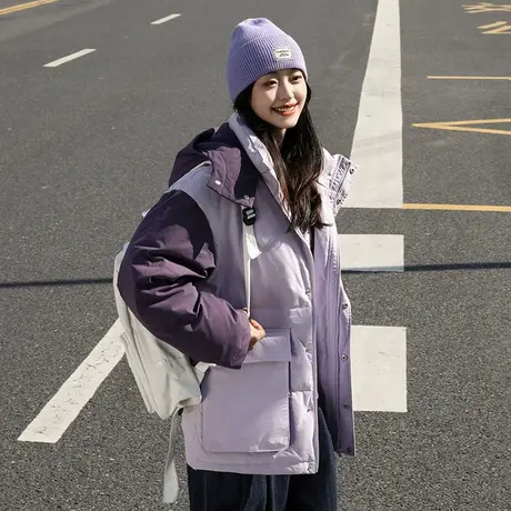 唐狮羽绒服女2022年冬季新款短款连帽袖子拼接工装派克服爆款外套图片