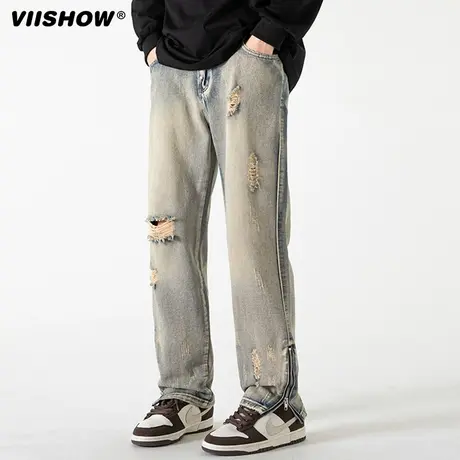 VIISHOW春季百搭破洞牛仔裤脚拉链开叉男生款直筒潮牌休闲长裤子商品大图
