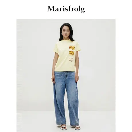 【商场同款】玛丝菲尔2024春新款浅黄圆领时尚印花短袖T恤上衣女商品大图