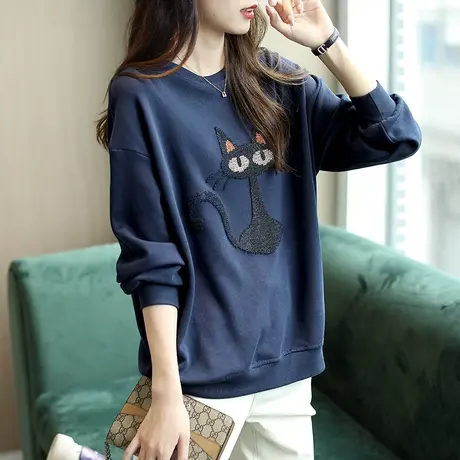 宝诗黎刺绣慵懒卫衣女装长袖宽松春秋装新款2024圆领时尚休闲上衣图片