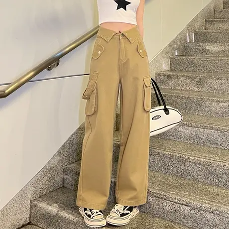 唐狮24春季新款牛仔裤女高腰工装口袋阔腿裤潮酷百搭时尚韩版裤子图片