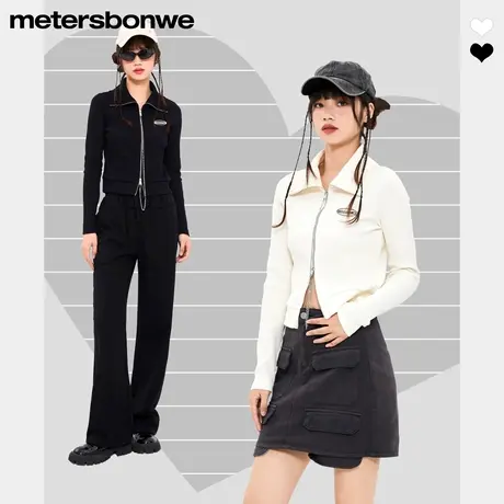 美特斯邦威拉链外套女2024春季新款纯色时尚修身翻领长袖短款上衣图片