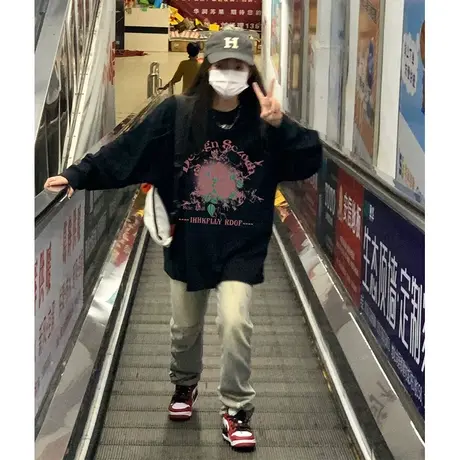 纯棉玫瑰印花长袖t恤女春秋ins潮牌宽松美式复古oversize初秋上衣商品大图