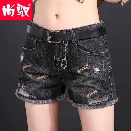 尚驭牛仔短裤女破洞毛边2022春夏新款黑色显瘦字母刺绣外穿热裤图片