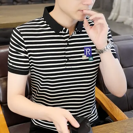 2024男士条纹短袖T恤翻领半袖POLO衫男士高品质夏季薄款保罗体恤图片