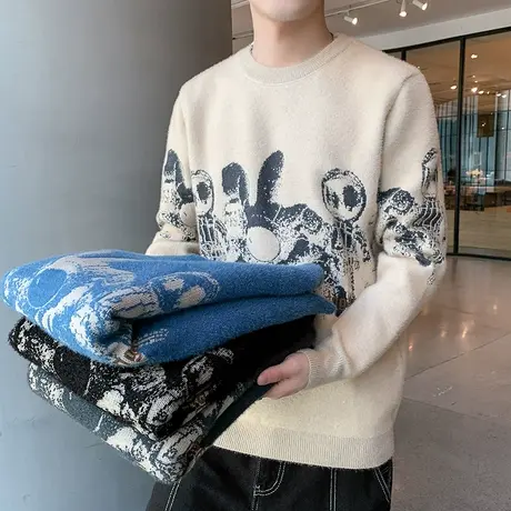 圆领毛衣男士韩版潮流2022秋冬季加厚保暖长袖针织打底衫男毛线衣商品大图
