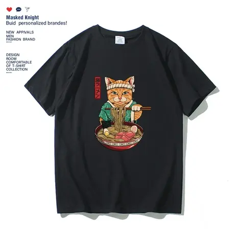 潮牌日系复古拉面猫咪印花短袖t恤男情侣装纯棉宽松休闲圆领上衣图片