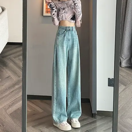 窄版直筒牛仔裤女2024春秋季新款高腰显瘦垂感复古浅蓝色阔腿裤子商品大图
