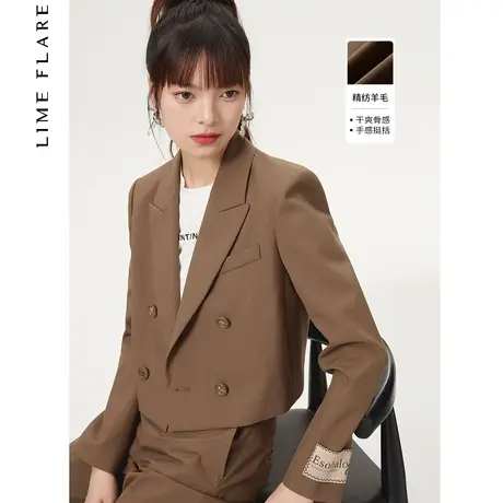 莱茵秋季新款气质双排扣翻领短款西装外套小众设计感日常通勤图片