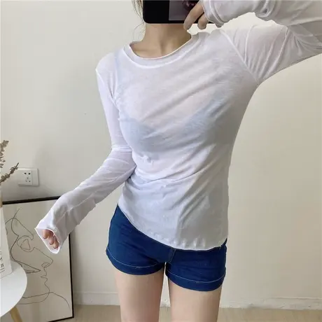 修身薄款微透打底长袖t恤女圆领纸片人ins显瘦防晒衫内搭弹力春夏商品大图