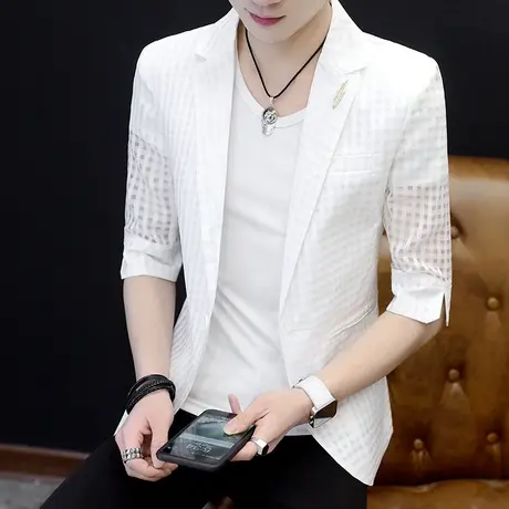 男士个性七分袖西服发型师镂空外套潮男装夏季韩版薄款中袖小西装商品大图