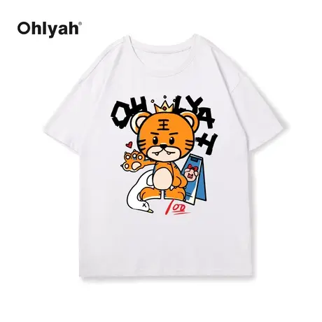 Ohlyah纯棉圆领短袖t恤女ins超火国潮牌宽松白色情侣半袖打底上衣商品大图