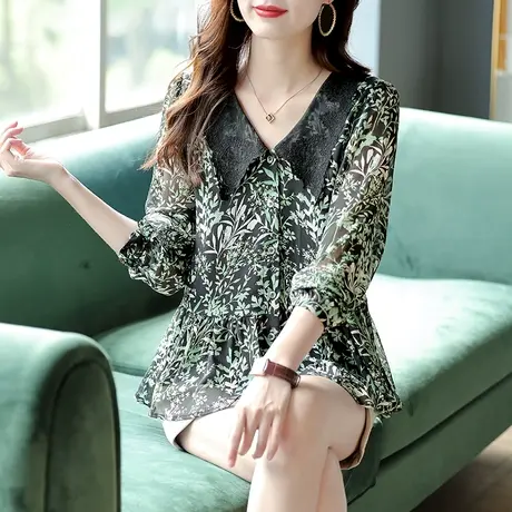 宝诗黎长袖碎花雪纺衬衫娃娃领上衣女2023夏季新款漂亮减龄衬衣薄商品大图